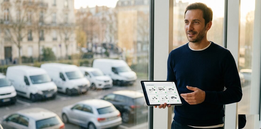 Assurance auto professionnel : courtier indépendant présentant une solution flotte sur tablette devant un parking d'utilitaires d'entreprise