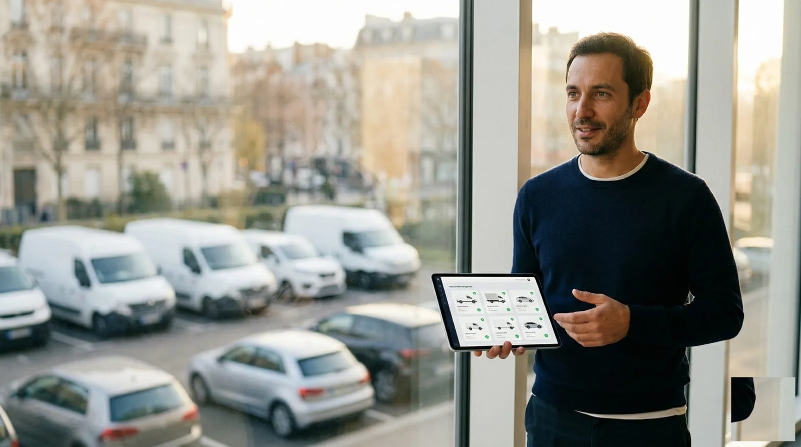Assurance auto professionnel : courtier indépendant présentant une solution flotte sur tablette devant un parking d'utilitaires d'entreprise