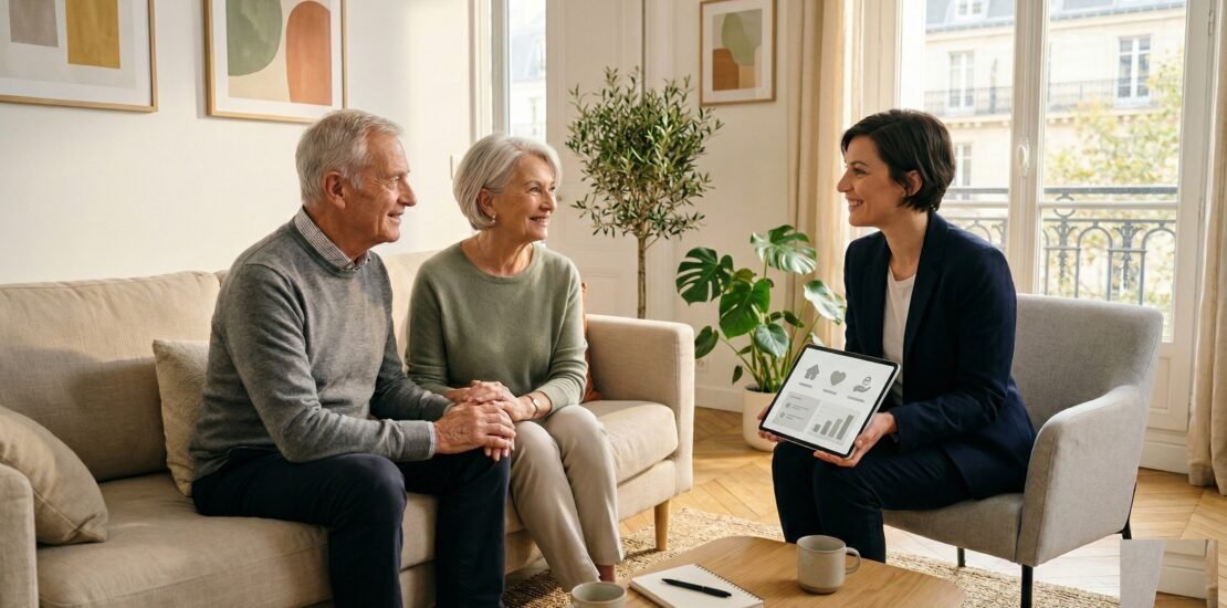 Assurance dépendance : couple de seniors français écoutant les conseils d'une conseillère sur tablette dans leur salon