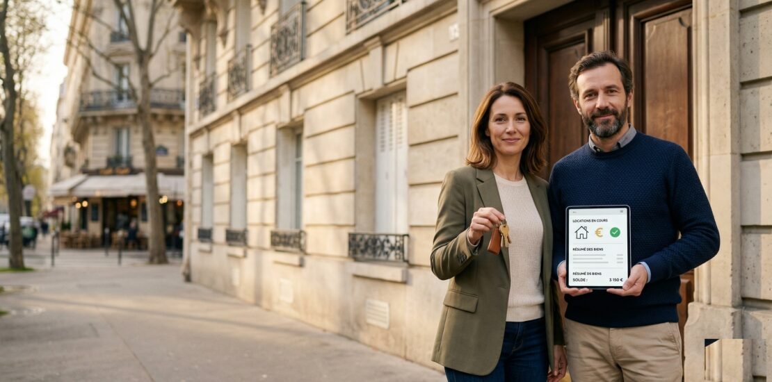 Assurance GLI : couple de bailleurs propriétaires devant un immeuble haussmannien parisien avec clés et tablette