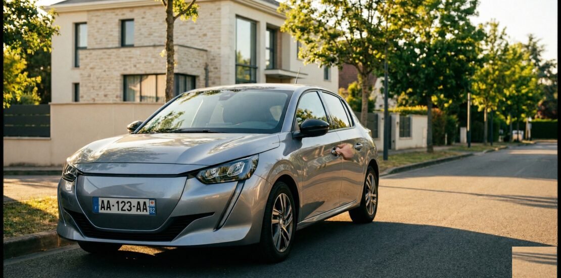 Assurance tout risque : voiture compacte moderne stationnée devant une maison contemporaine au coucher du soleil