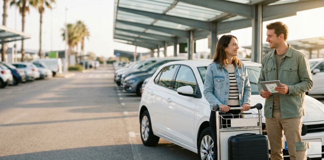 Assurance voiture location : couple de voyageurs récupérant une voiture de location dans un parking d'aéroport ensoleillé