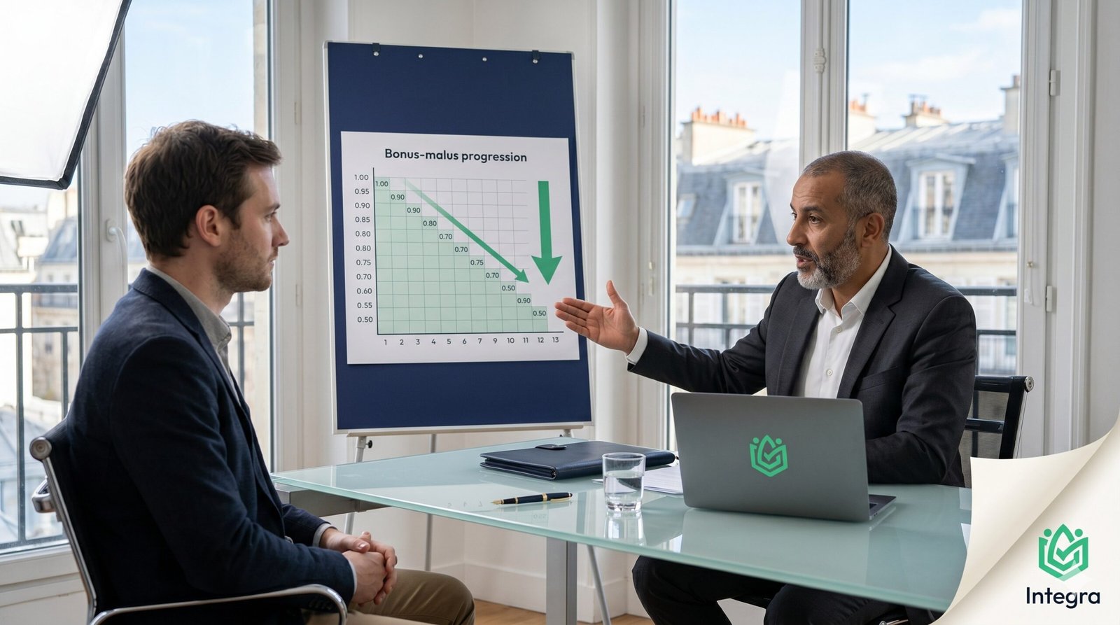 Conseiller Integra expliquant le bonus malus assurance auto a un client