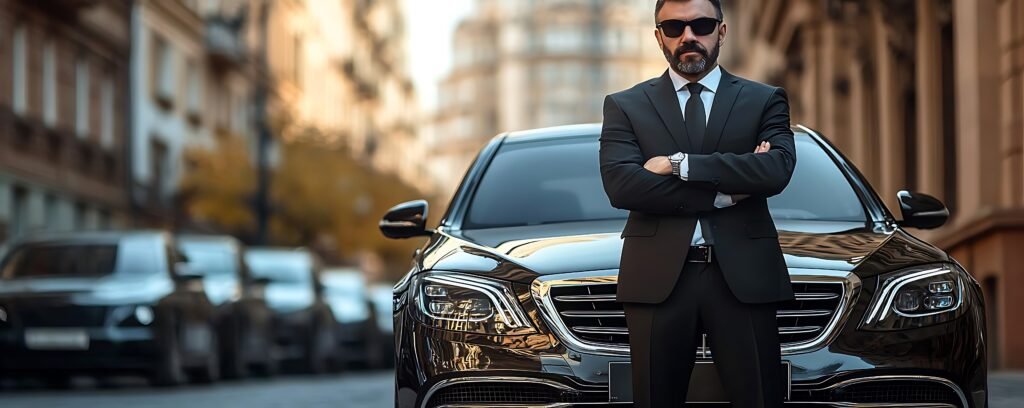 Chauffeur VTC devant voiture de luxe noire