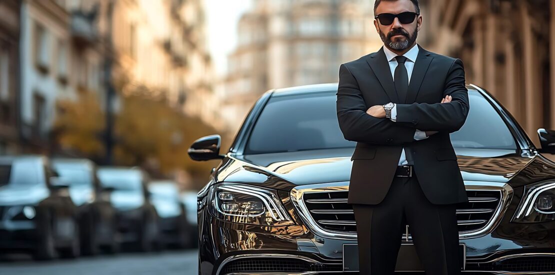 Chauffeur VTC devant voiture de luxe noire