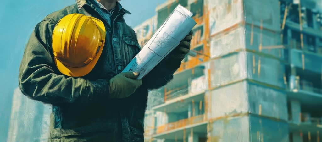 construction worker green jacket holds blueprint yellow hardhat front partially built building