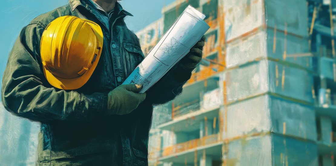 construction worker green jacket holds blueprint yellow hardhat front partially built building