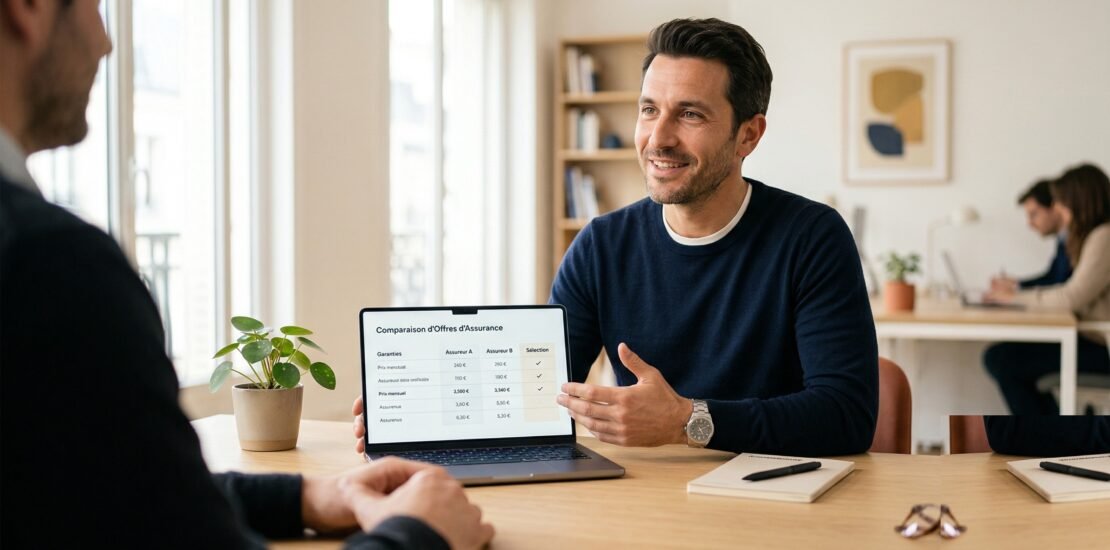 Courtage en assurance : un courtier indépendant présente une comparaison d'offres à son client dans un bureau lumineux