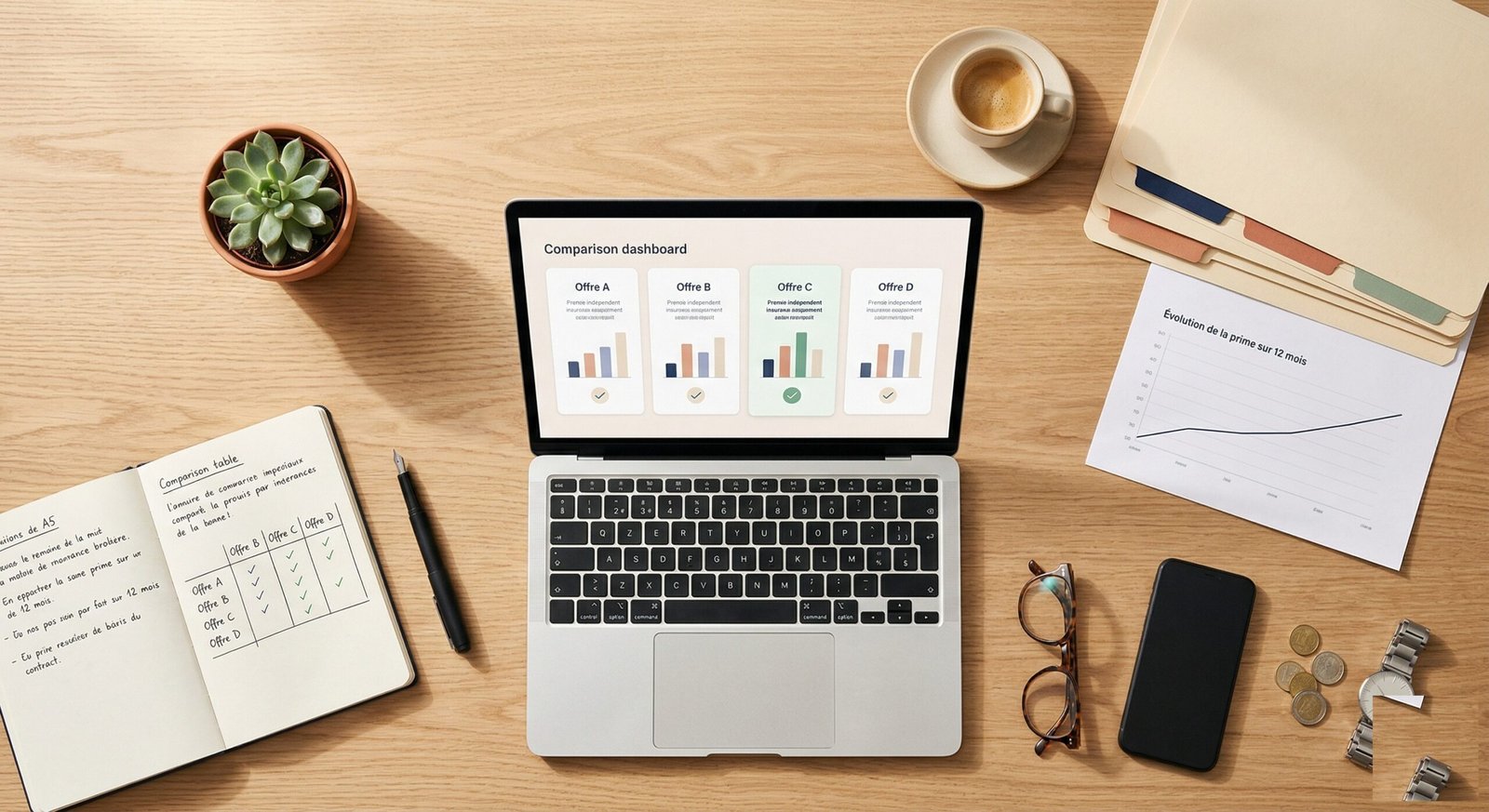 Courtage en assurance : comparaison de plusieurs offres d'assureurs sur le bureau d'un courtier indépendant