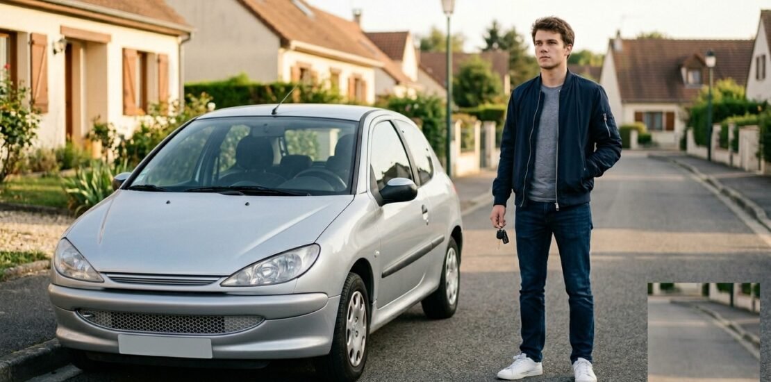 Assurance jeune conducteur malussé : jeune conducteur devant sa première voiture en zone résidentielle