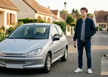 Assurance jeune conducteur malussé : jeune conducteur devant sa première voiture en zone résidentielle