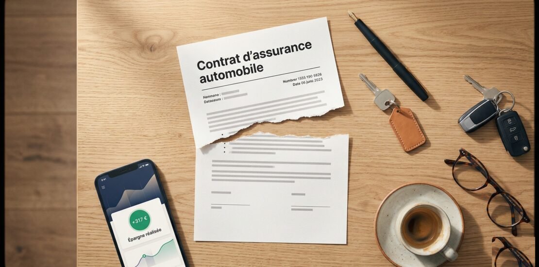 Loi Hamon assurance auto : contrat d'assurance automobile déchiré sur un bureau symbolisant la résiliation gratuite