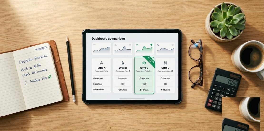 Assurance pour malus pas cher : tablette affichant un comparateur d'offres avec badge meilleur prix