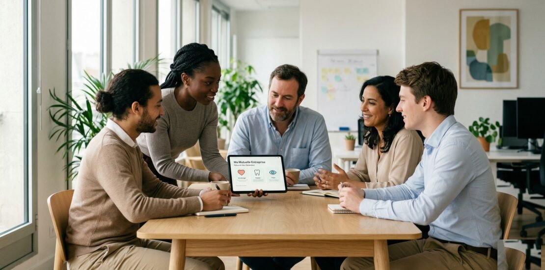 Mutuelle employeur obligatoire : équipe TPE en réunion examinant les garanties santé collective sur tablette