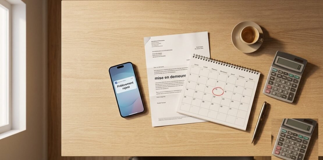 Assurance auto résilié pour non paiement : prélèvement rejeté et lettre de mise en demeure sur un bureau