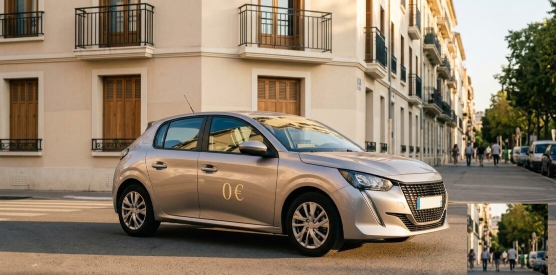 Assurance auto sans franchise : voiture compacte avec sticker 0 euro de franchise dans une rue parisienne