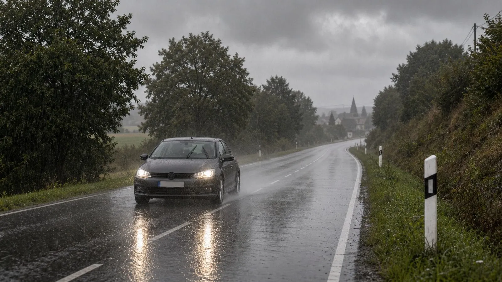 Voiture roulant sous la pluie : conduite par mauvais temps et assurance