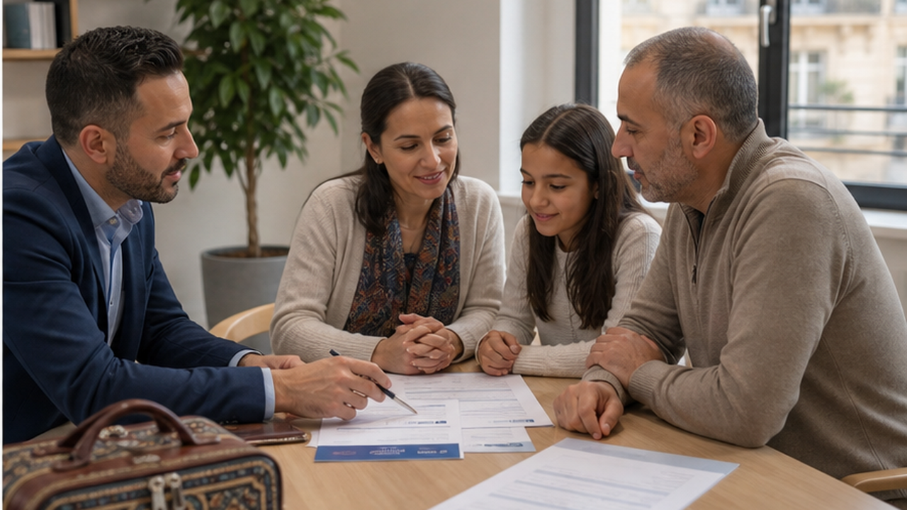 Famille MRE en rendez-vous assurance auto en France