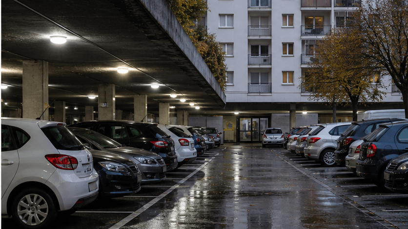 Parking résidentiel en Seine-Saint-Denis avec voitures sous éclairage de sécurité