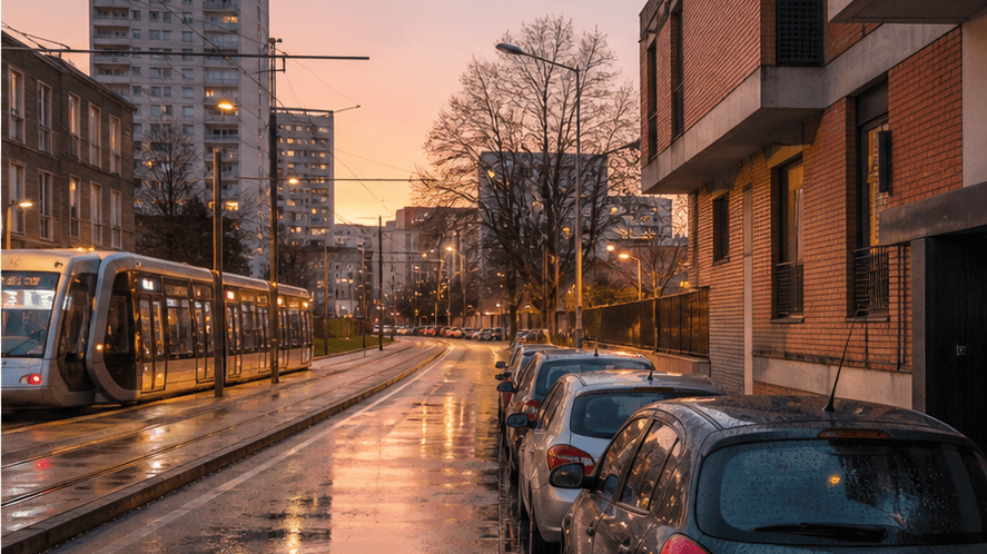Route locale à Toulouse Mirail avec voitures et tram urbain