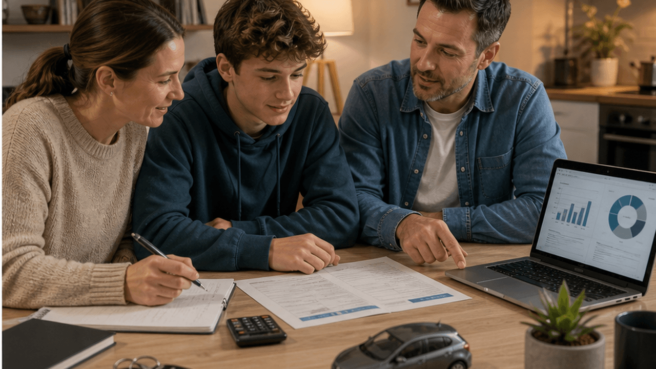 Famille étudiant le budget assurance jeune conducteur