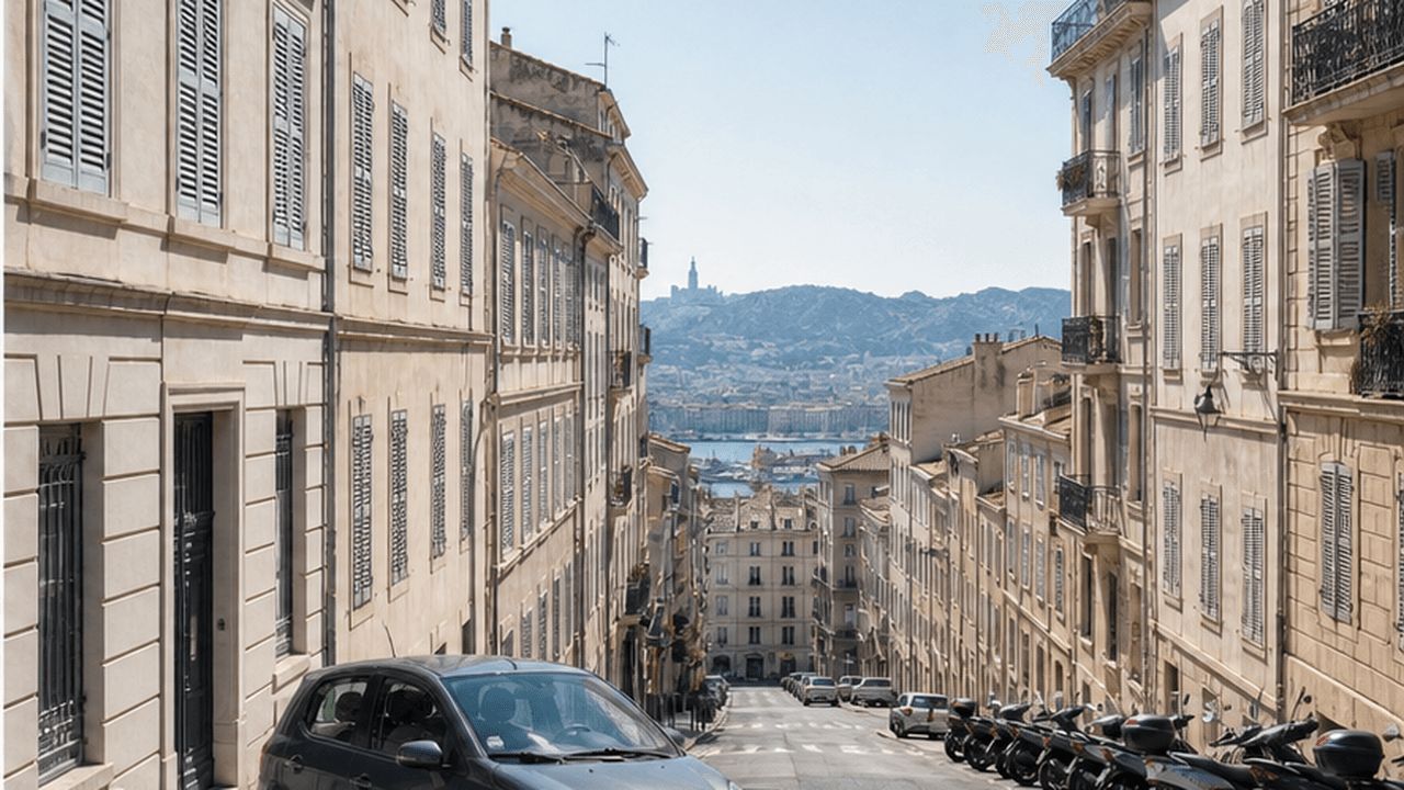 Rue de Marseille avec voiture complète pour jeune conducteur