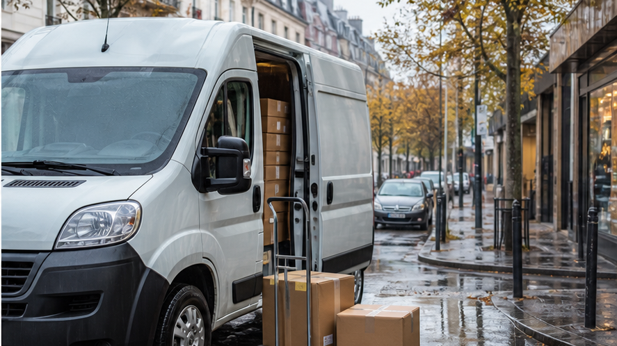 Petit utilitaire en zone de livraison sous la pluie