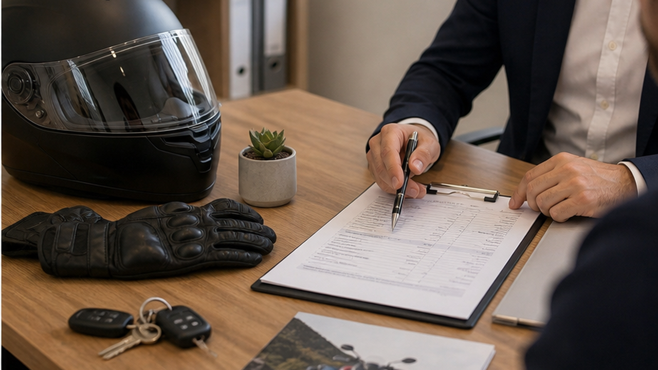 Motard satisfait qui consulte son assurance moto en ligne