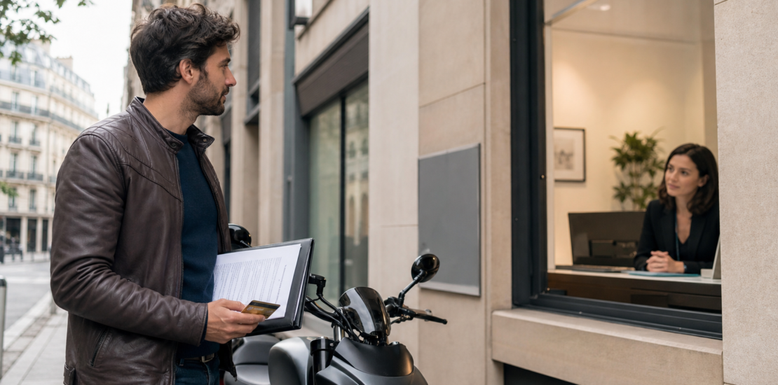 assurance moto resilie non paiement : motard avec dossier devant un courtier