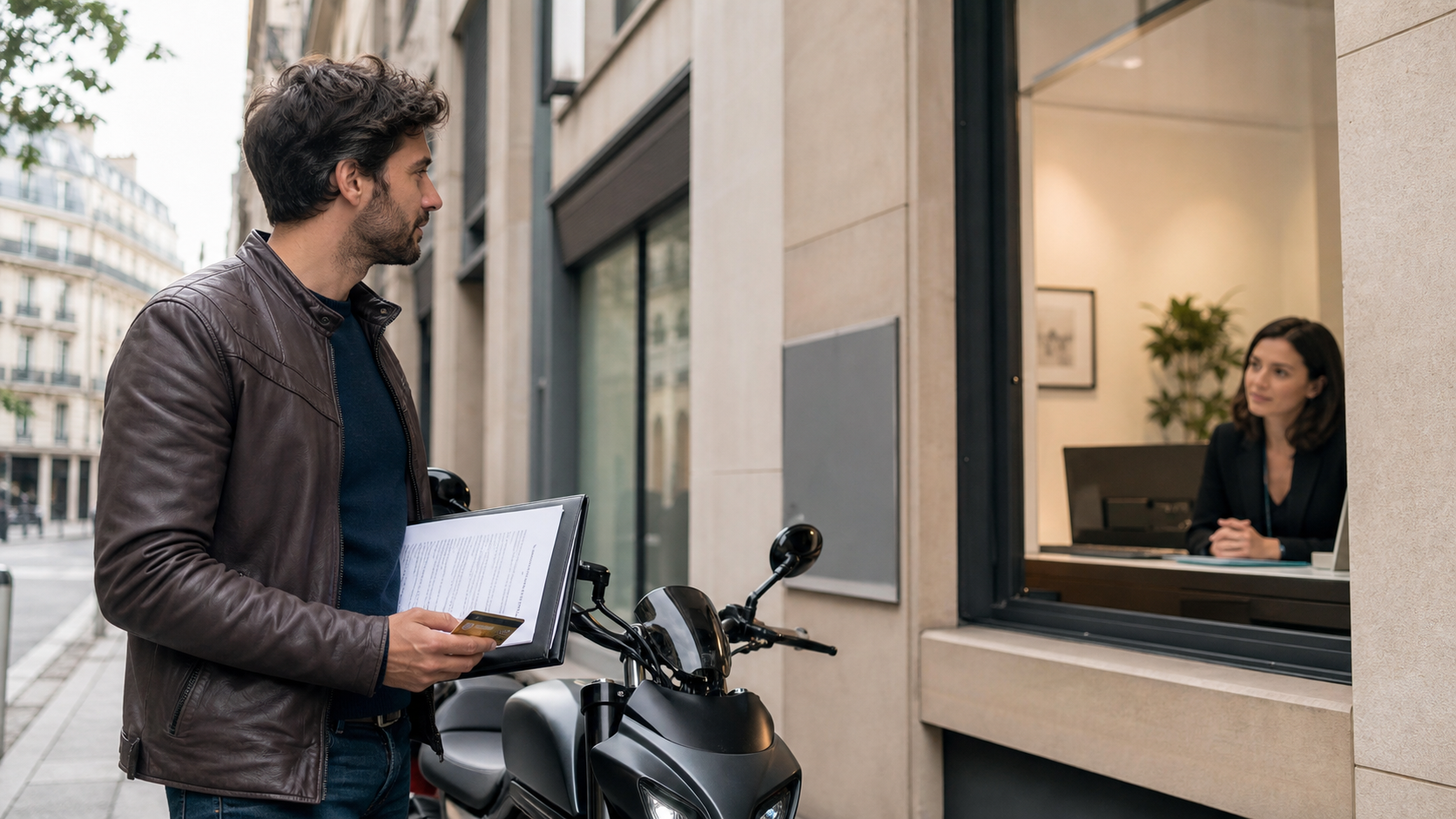 assurance moto résilié non paiement : motard avec dossier devant un courtier