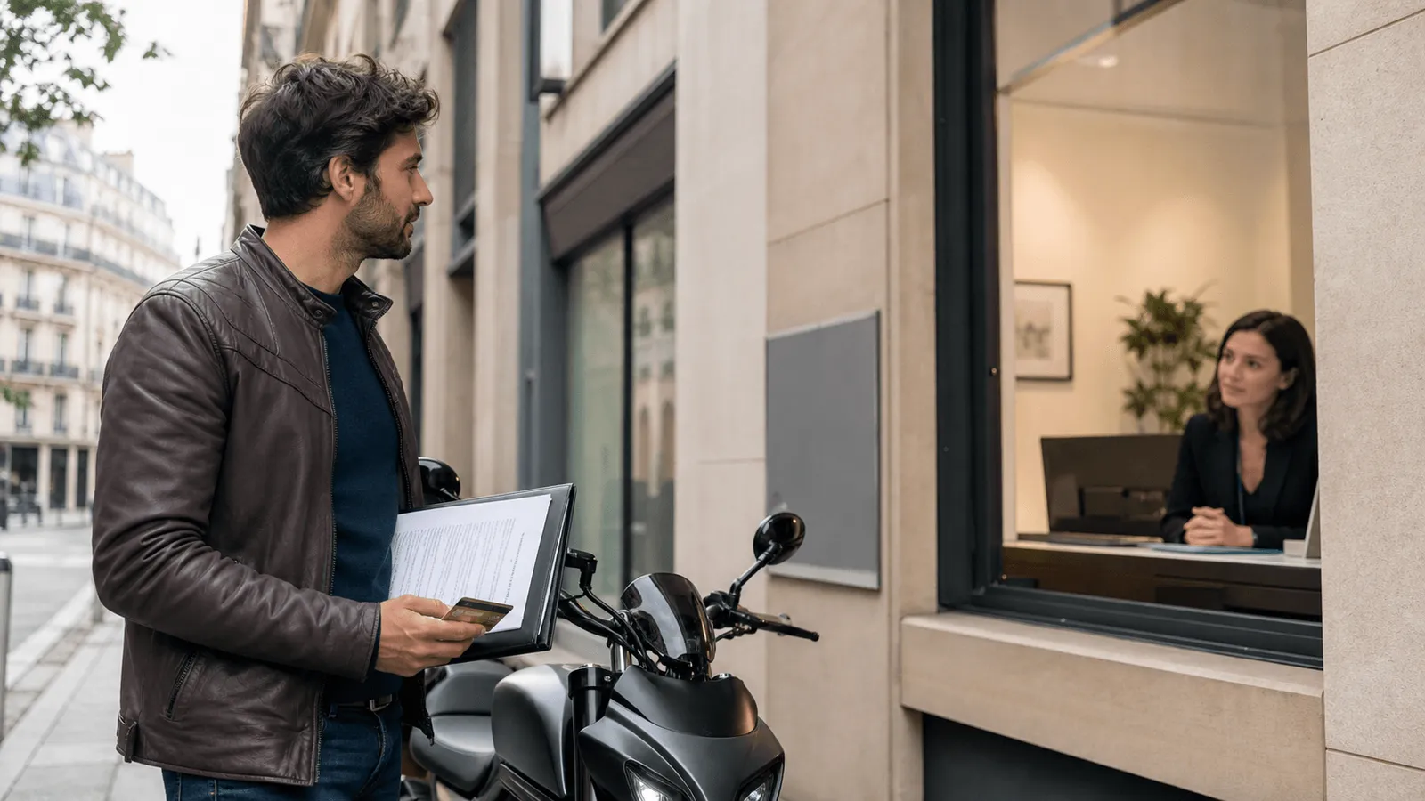 assurance moto resilie non paiement : motard avec dossier devant un courtier