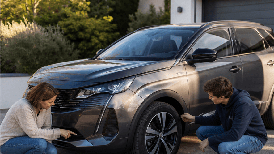 Famille inspectant un SUV compact avant le premier trajet d un jeune conducteur