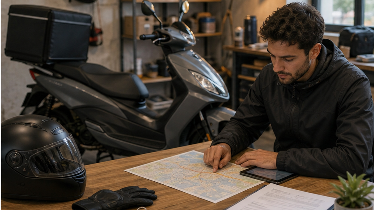 Livreur préparant documents assurance scooter