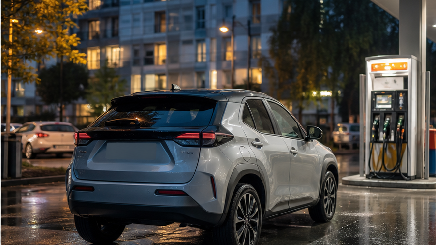 Crossover hybride compact près d une station service après la pluie