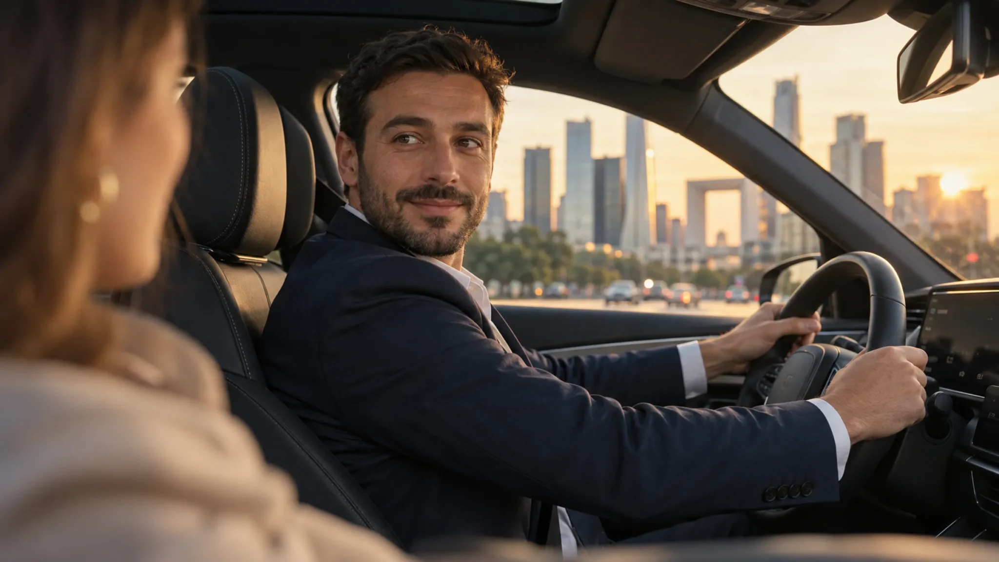 Chauffeur VTC au volant de sa berline avec une cliente, assurance VTC à Lyon