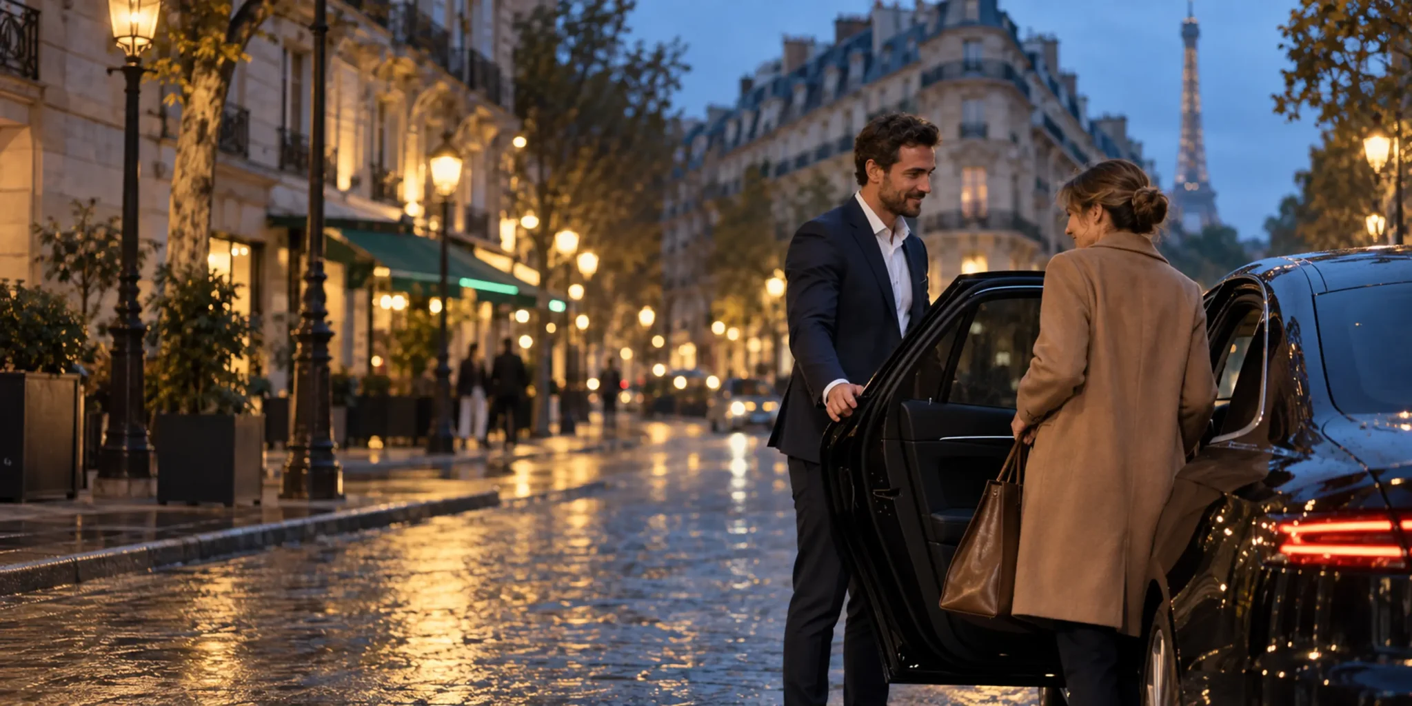 Chauffeur VTC ouvrant la portière d'une berline à Paris, assurance VTC à Paris