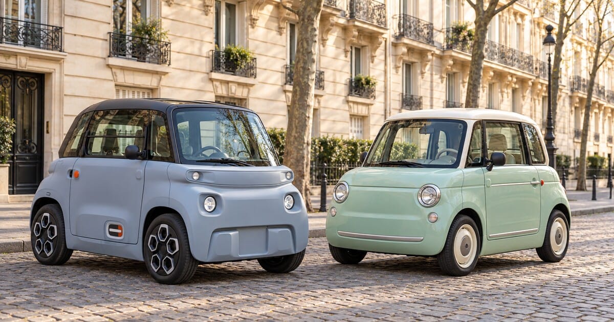 Citroën Ami et Fiat Topolino garées côte à côte en ville