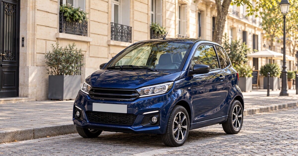 Voiture sans permis Aixam bleue garée en centre-ville