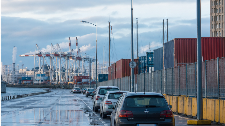 Route portuaire du Havre avec voitures et ambiance maritime
