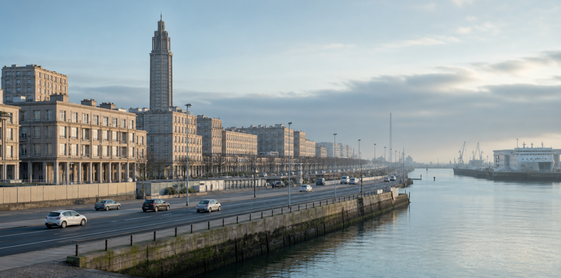 Vue du Havre avec port et voitures entières en arrière-plan
