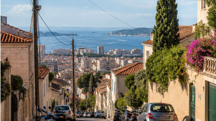 Rue de Toulon vers le Mont Faron avec voitures et relief méditerranéen