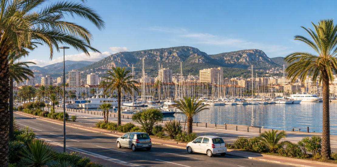 Vue de Toulon avec port et voitures entières en arrière-plan