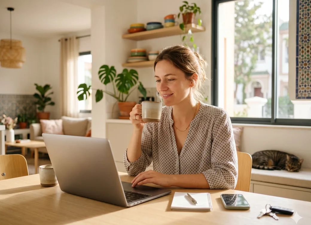 Cliente réglant son assurance auto en ligne depuis sa cuisine