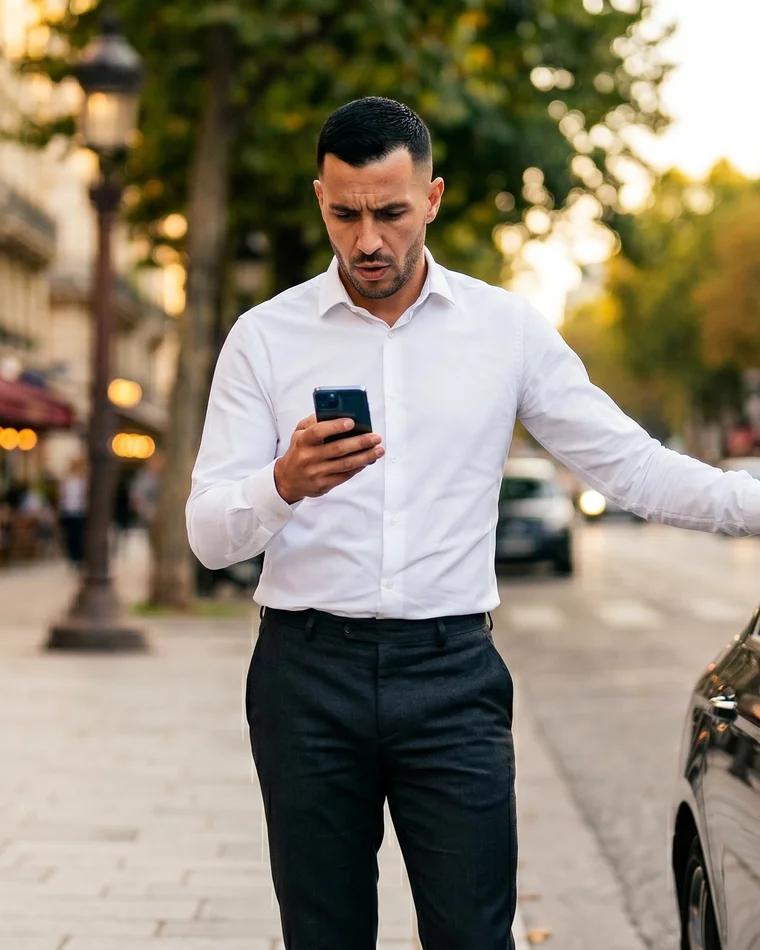 Chauffeur VTC professionnel consultant son téléphone avant une mission