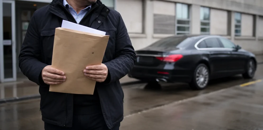 Chauffeur VTC tenant une enveloppe administrative devant son véhicule