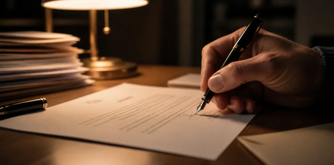 Main signant une lettre de résiliation d’assurance auto sur papier à en-tête
