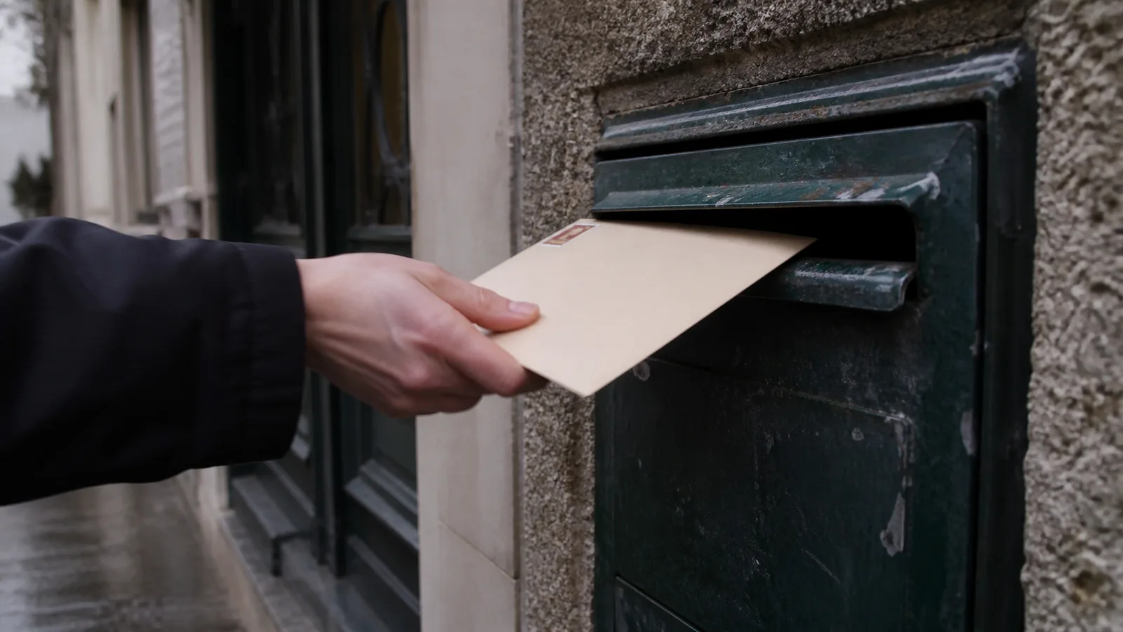 Enveloppe timbrée glissée dans une boîte aux lettres