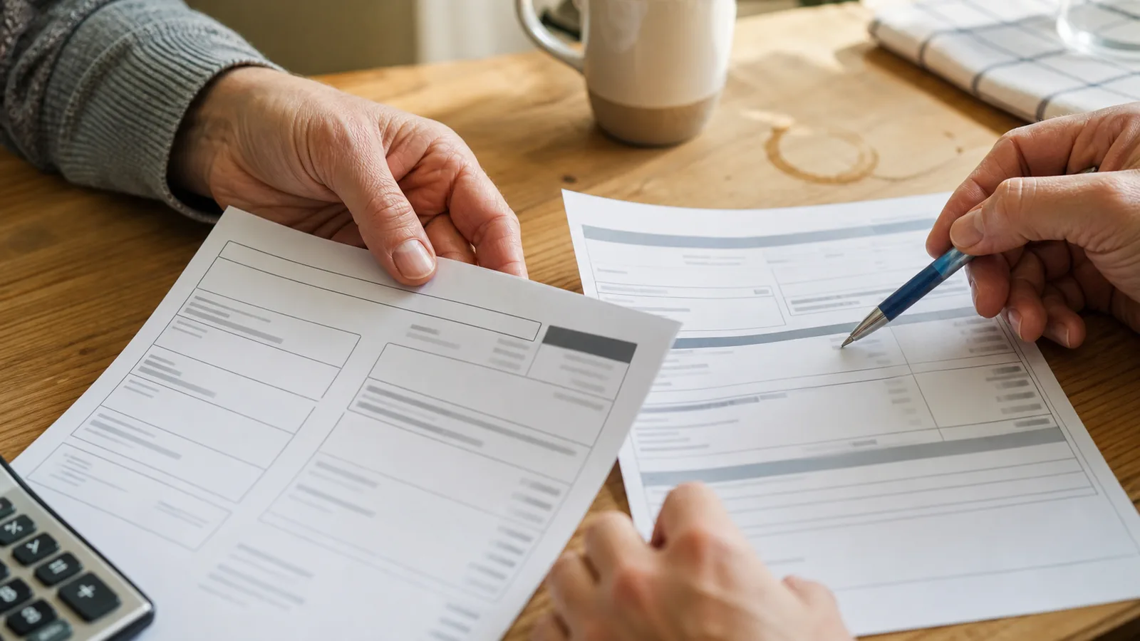 Mains comparant deux devis d’assurance auto papier sur une table