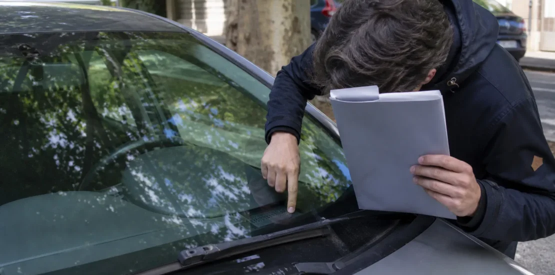 Personne vérifiant la carte grise penchée sur le pare-brise d’une voiture