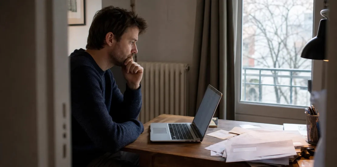 Personne assise à un bureau avec un ordinateur portable, lumière de fenêtre
